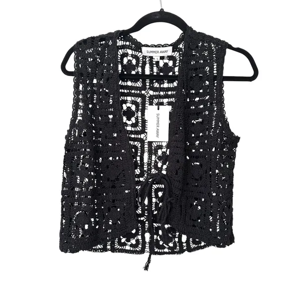 SUMMER AWAY Crochet Tie Front‎ Vest Top Black NWT Small - Image 2