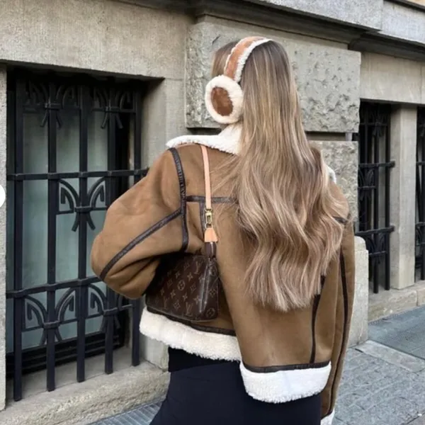 Zara Double Faced Fleece Structured Moto Jacket Sheepskin Chestnut Tan Aviator S - Image 4