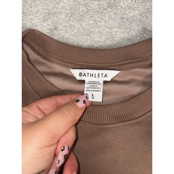 Athleta Womens L Retroplush Velvet Crewneck Sweatshirt Pullover Side Snaps Brown - Image 4