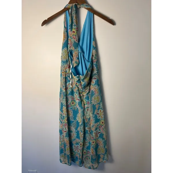 Dressbarn Sz 10 Teal Paisley Floral Halter Midi Dress Blue Pink Beach Vacation - Image 2