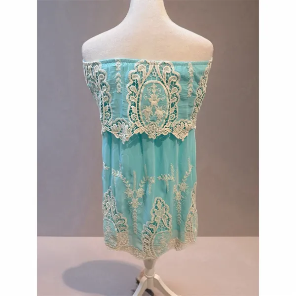 Hot & Delicious Dress Womens Size S Aqua Blue Strapless Lace Overlay Mini Boho - Image 6