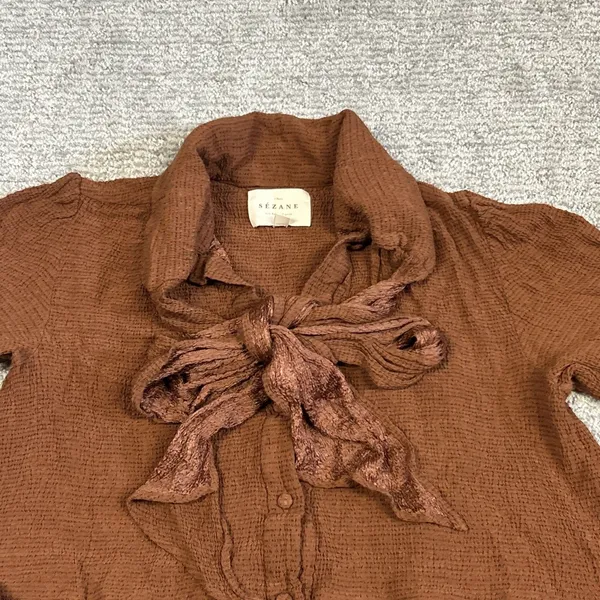 Sézane Selena Tiered Mini Dress Womens 38 US 6 Brown Tie Neck Tunic Top Stretch - Image 2