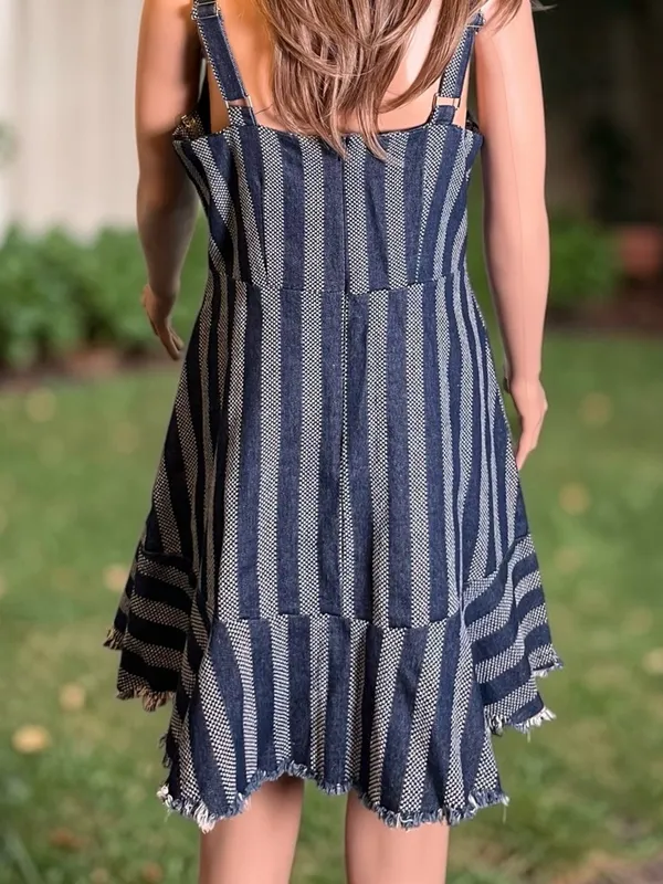 Umgee NWT Denim Stripe Mini Dress L Frayed Hem Boho Summer Adjustable Straps - Image 4
