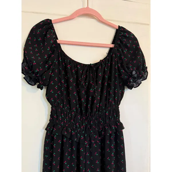 Liberty Love Womens Black‎ Cherry Print Smocked Waist Wide Leg Jumpsuit Small - Image 3