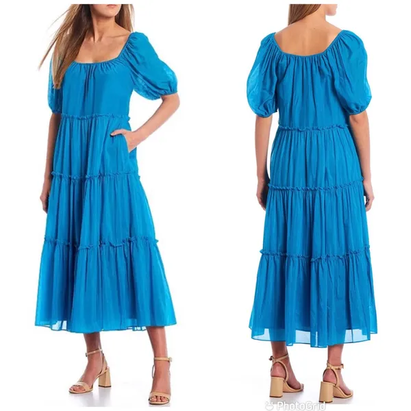 ANTONIO MELANI Puff Sleeve Midi Dress Small Turquoise‎ Blue Tiered Silk Cotton - Image 2