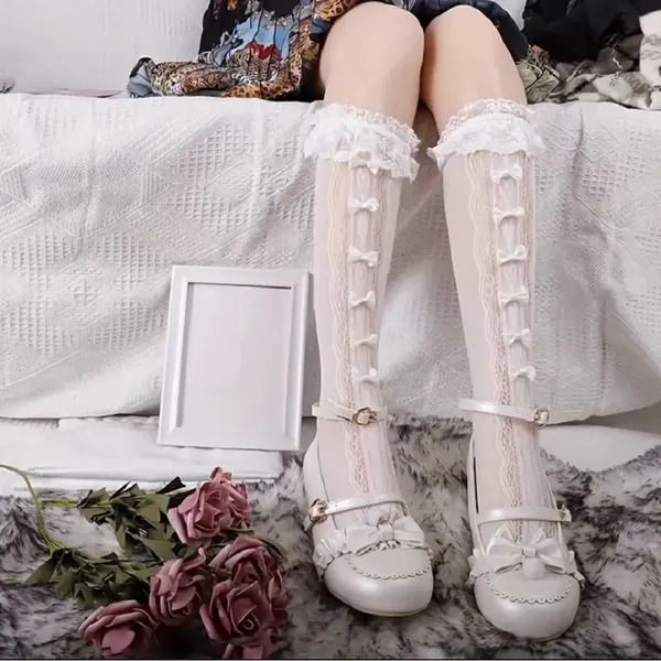 Retro Vintage Style Bow Accent Knee High Socks Flirty Ruffle Trim Soft Lace‎ - Image 2