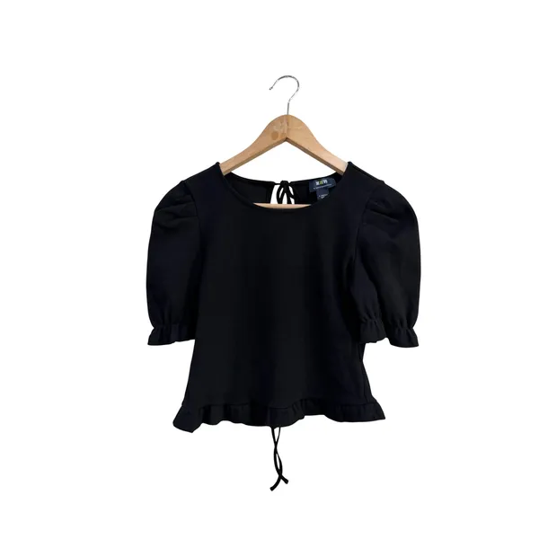 Maeve Anthropologie Black Puff Sleeve Tie Back Ruffle Hem Ribbed Top XS - Image 3
