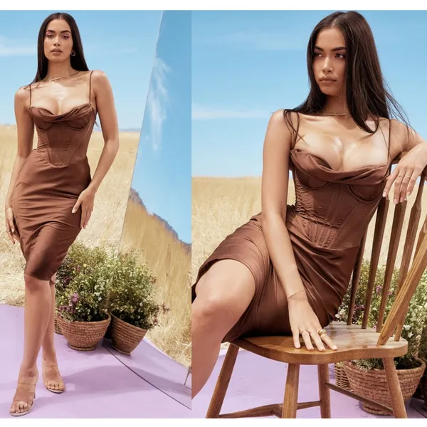 HOUSE OF CB S D-DD 'Myrna' Chocolate Satin‎ Corset Slip Dress NWOT - Image 4