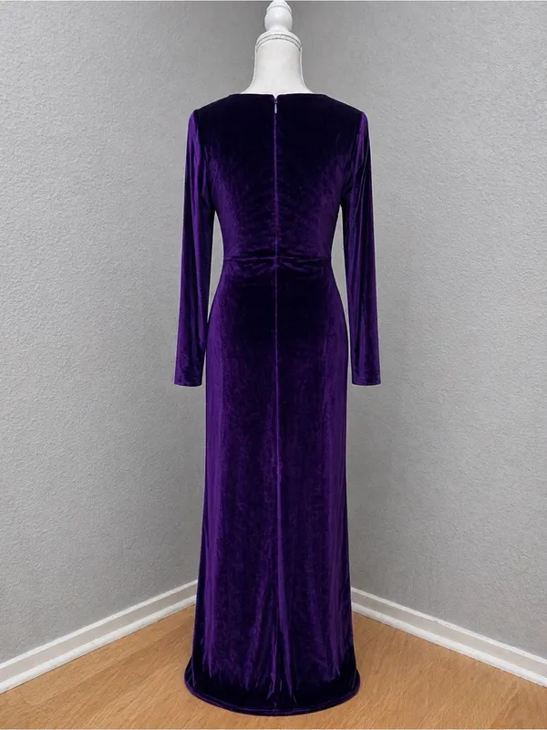 #678 Purple Velvet deep v neckline. Faux wrap-style maxi dress - Image 4