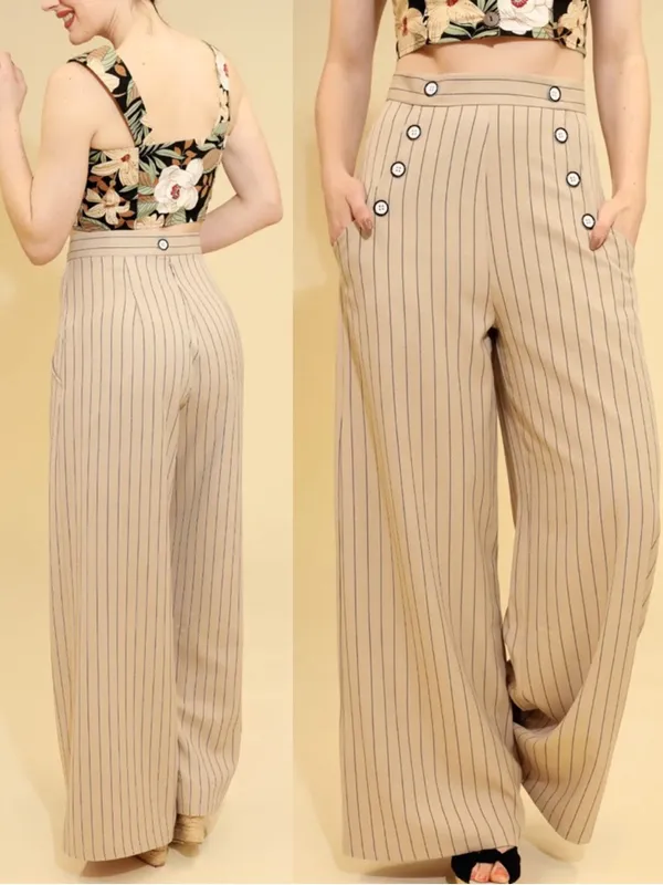 Hell Bunny 30s 40s Caspian Beige Stripe Swing Sailor Trousers Retro Pinup - Image 2