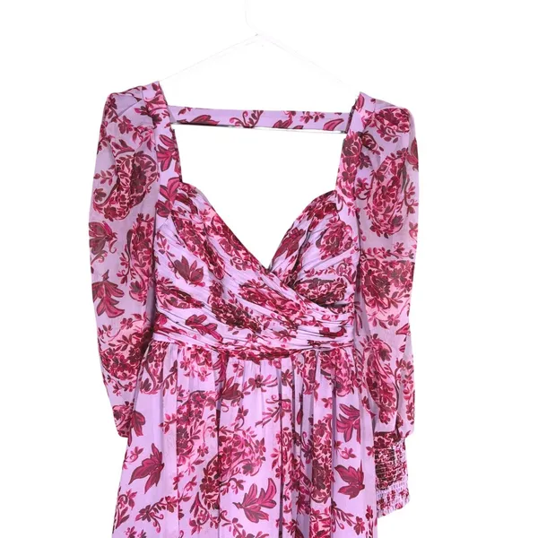 Badgley Mischka Floral‎ Chiffon Midi Dress Lavender Pink V-Neck Sz 2 Long Sleeve - Image 5