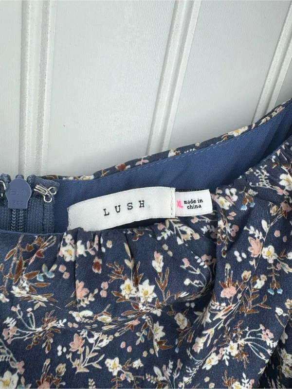 Lush Womens Navy Square Neck Floral Mini Dress Puff Sleeves Elastic Cuff XL - Image 5