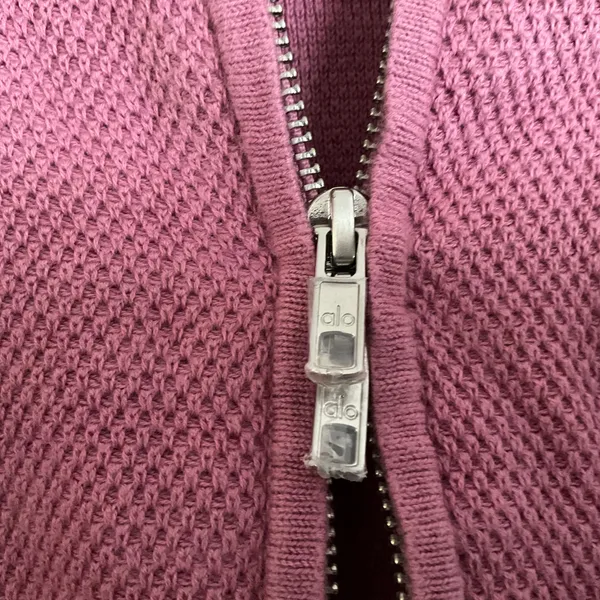 Alo Yoga Tennis Club Sweater Knit Full Zip Jacket Pink Wild Rose/White S - Image 5