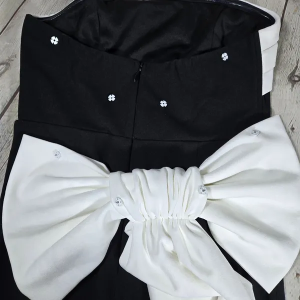 Lulus Fabulous Phenomenon Black White Strapless Bow Midi Dress Wedding Guest - Image 8