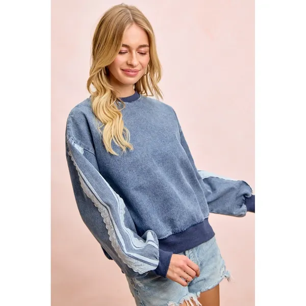 BiBi Washed Denim‎ Lace Contrast Sided Sweatshirt - Image 6