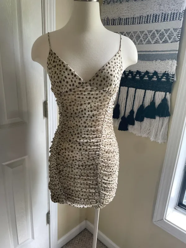Urban Outfitters Beige Polka Dot/Animal Print Ruched Mini Dress - Image 4