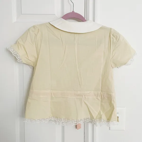 Pastel Yellow Japanese Kawaii Ballet Cottage Pink Ribbon Button Down Shirt Top - Image 6