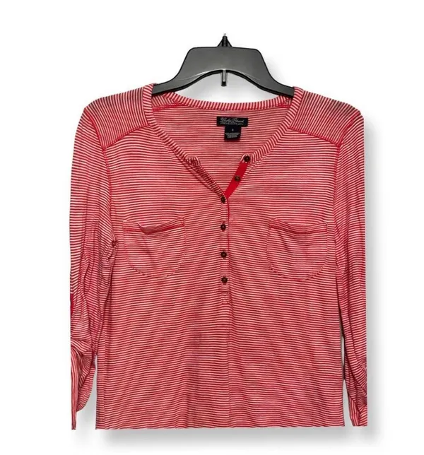 Lucky Brand Womens Henley Shirt RedWhite Stripe Roll Tab Sleeve Pockets S - Image 2