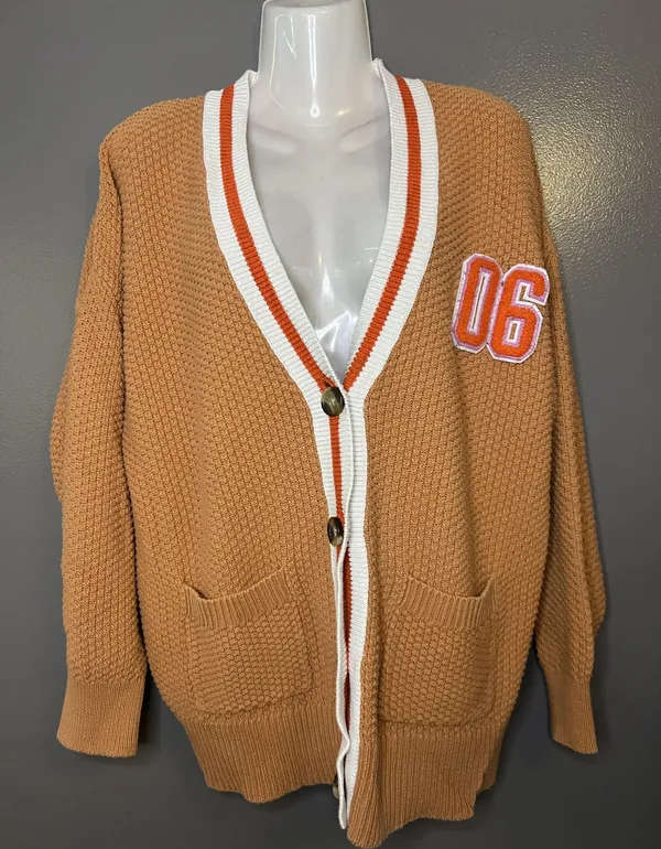 Aerie Cardigan Sweater Womens Medium Brown Waffle Knit V Neck Varsity 06 Pockets - Image 2