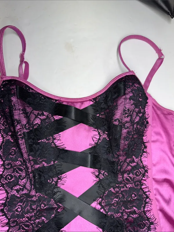 Victoria's Secret purple Pink Satin Chemise top corset Black Lace Crisscross L - Image 3