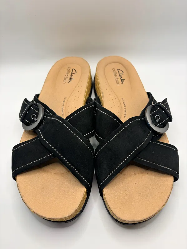 Clarks Collection Black Suede Wedge Slide Sandals Boho Casual Comfort Size 6.5 - Image 3