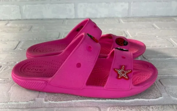 Crocs Classic Sandals Womens 7 Men 5 Pink Charms Two Double Strap Bright Comfort - Image 3
