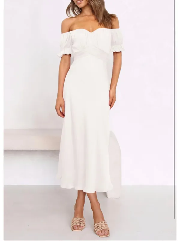 NEW Elegant Off Shoulder Short Sleeve Ruffle Mermaid Hem Belted Midi Dress XL - Image 4