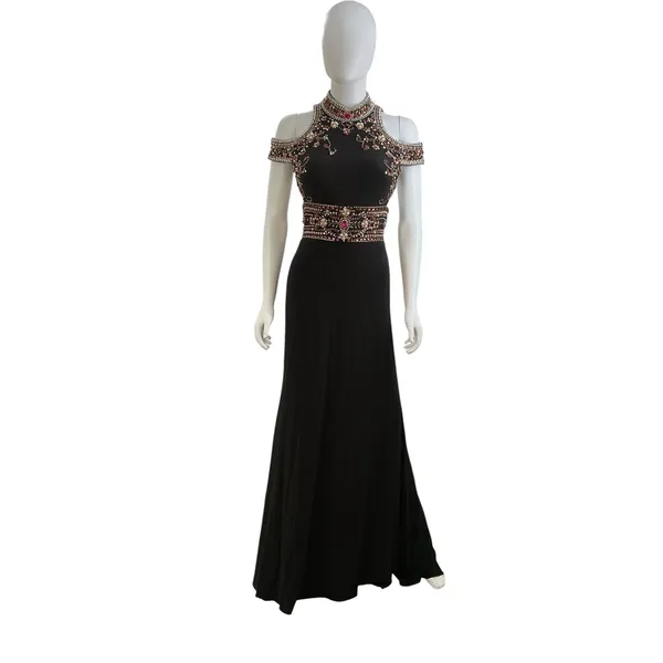 Mac Duggal Womens Black Beaded Cold Shoulder Open Back Evening Gown‎ Size 0 - Image 4