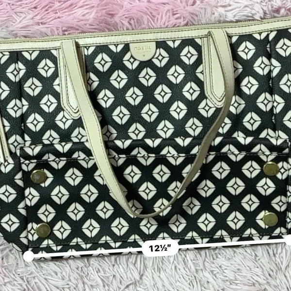Fossil Tote Bag‎ Black White Geometric Print Coated Canvas Purse Handbag - Image 4