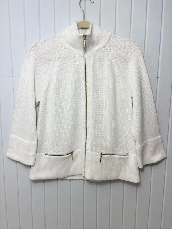 Ralph Lauren white Cotton‎ Zip-Front Knit Sweater Jacket / Gold zipper Size L - Image 3