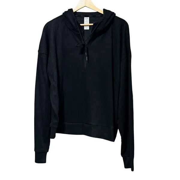 RBX Womens Black Ribbed Quarter Zip Hoodie Long Sleeve Active Top Size Large - Image 2