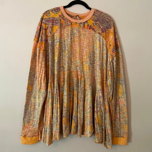 Free People Orange Pink Paisley Oversized Loungewear Long Sleeve Shirt Medium - Image 2