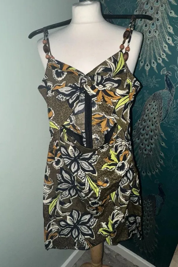 Zara Printed Mini Dress With Cut-Out Detail Tropical Brown Yellow S Small 8 4 36 - Image 8