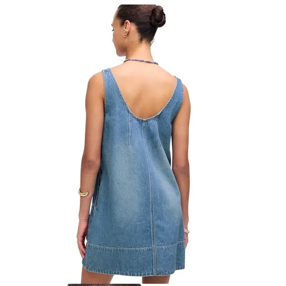 Madewell Denim Pinafore Dress Blue‎ Wash Sleeveless Side Zip Pockets Size L - Image 2