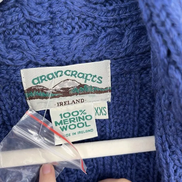 aran crafts sweater women Cable Knit XXS 2XS Blue 100 Merino Wool Fisher Core - Image 7