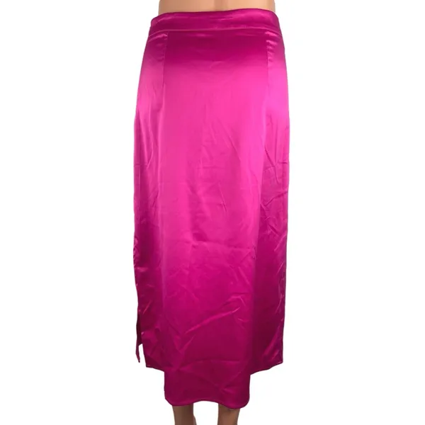 Womens Neon Pink Satin Silk High Slit Midi A-Line Maxi Slip Blogger Skirt Size S - Image 3