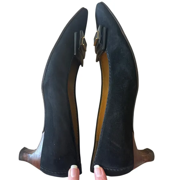 Vintage Gucci‎ Black Suede Square Toe Kitten Heels Logo 36 - Image 10