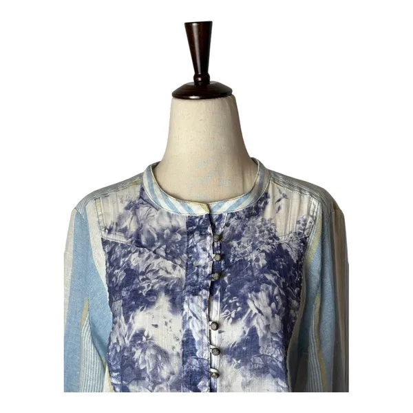 Soft Surroundings‎ Shirt Women Medium Blue Floreale Striped Popover Linen Top - Image 4