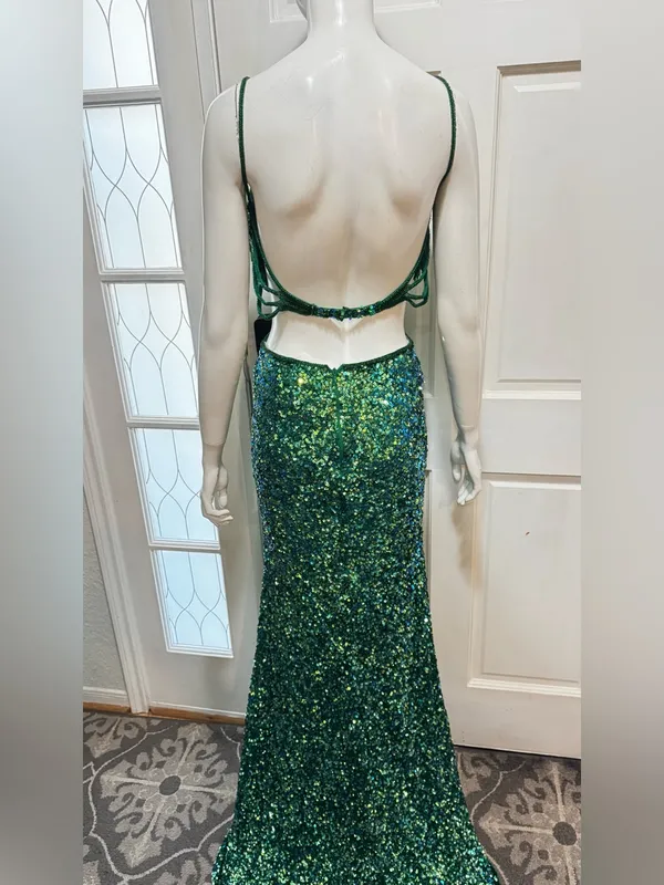 Rachel Allan Stunning Emerald Green Sequin Fringe Cutout formal Gown Size 6 - Image 10