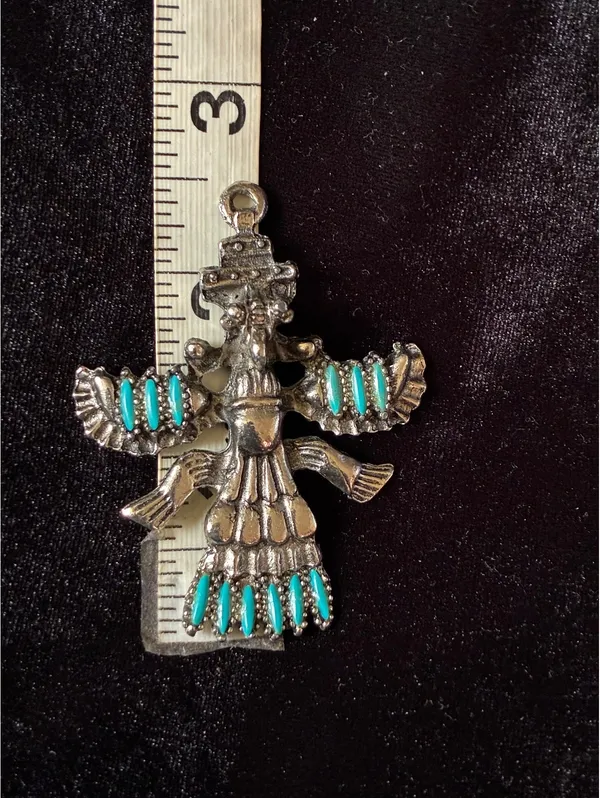 Vintage Southwestern Silver-Tone Thunderbird Kachina Pendant with Faux Turquoise - Image 7