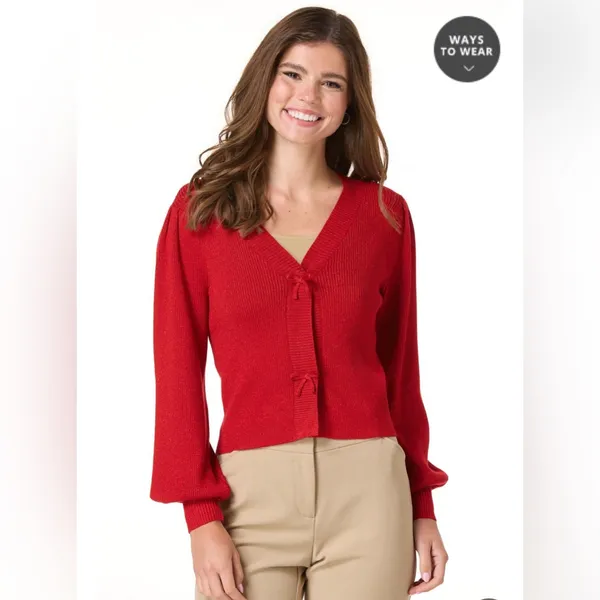 Cato Fashions SHIMMER BOW BUTTON CARDIGAN Holly Red Sparkle Holidays Large - Image 10