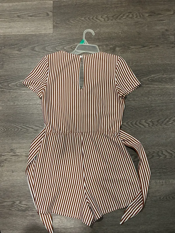 ZARA Trafaluc Brown & White Striped V-Neck Short Sleeve Romper Playsuit - Image 3