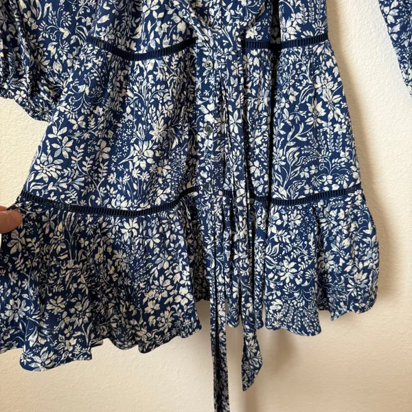 Madewell Blue White Floral Tiered Mini Dress Long Sleeve NS128 Size 00 NWT - Image 5