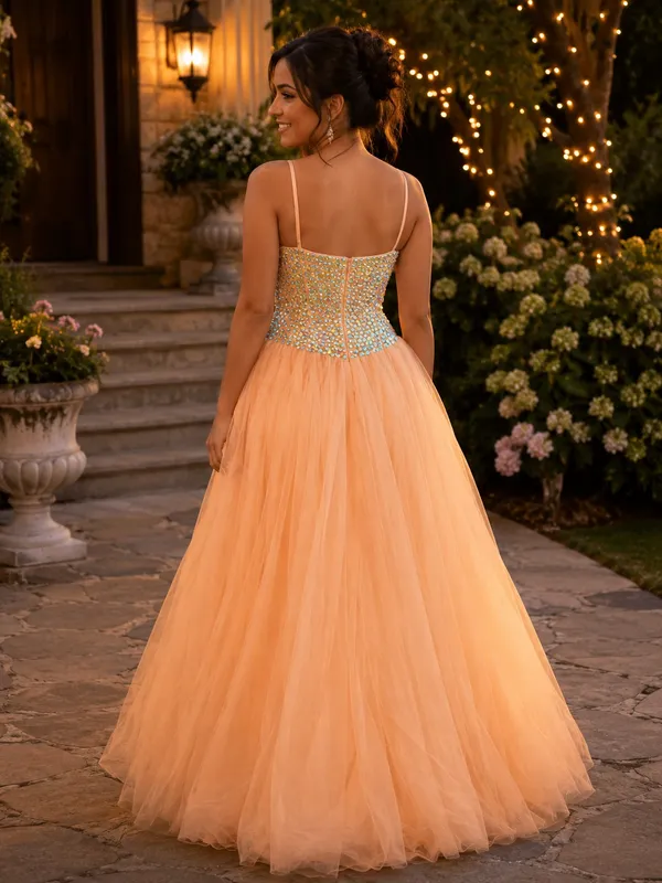 Peach Beaded Sweetheart Tulle Prom Dress - Image 2