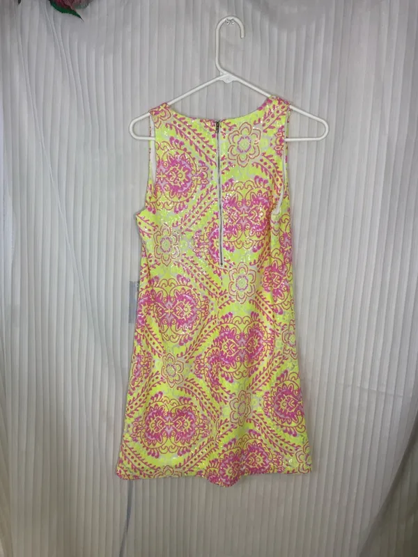 Miami Dress Womens Medium Neon Yellow Pink Sequin Mini Dress Sleeveless - Image 3