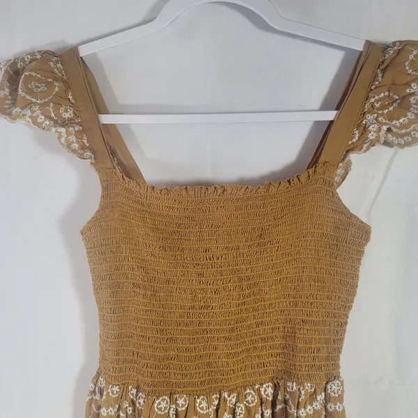 Rebellion Rebellious One Boho Embroidered Cotton Smocked Maxi Dress Mustard Yellow Jr M - Image 6