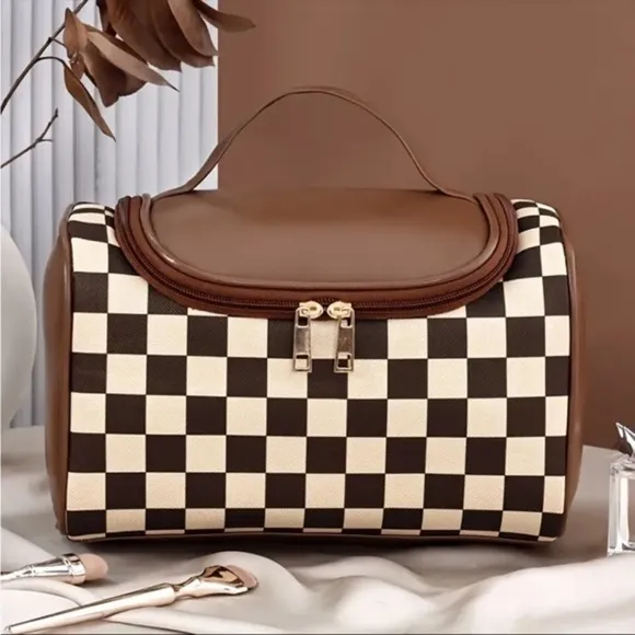 Brown Checker Faux Leather Cosmetic Makeup Bag Boxy Travel Case NWT - Image 3