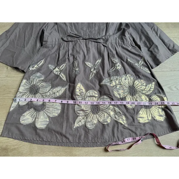 Vintage Femme tunic drawstring waist cotton embroidered flowers brown size L - Image 6