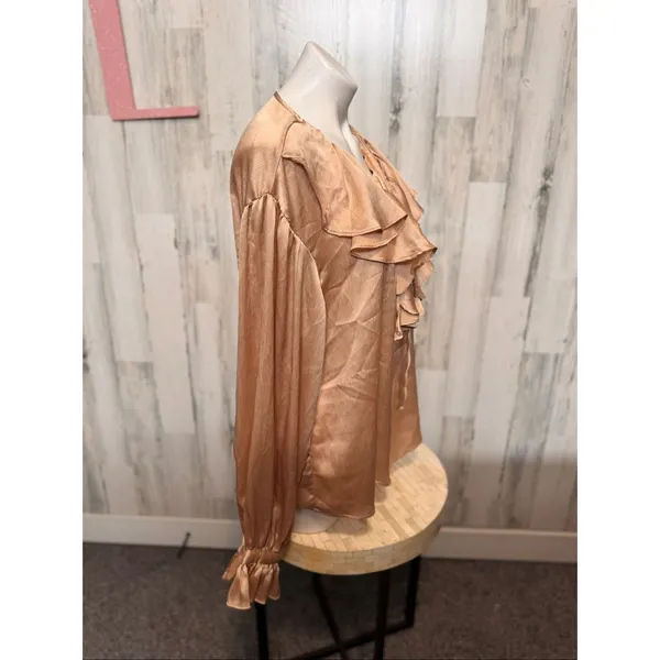 SHEIN Champagne Gold Satin Ruffle Blouse Womens Size Large L Long Balloon Sleeve - Image 2