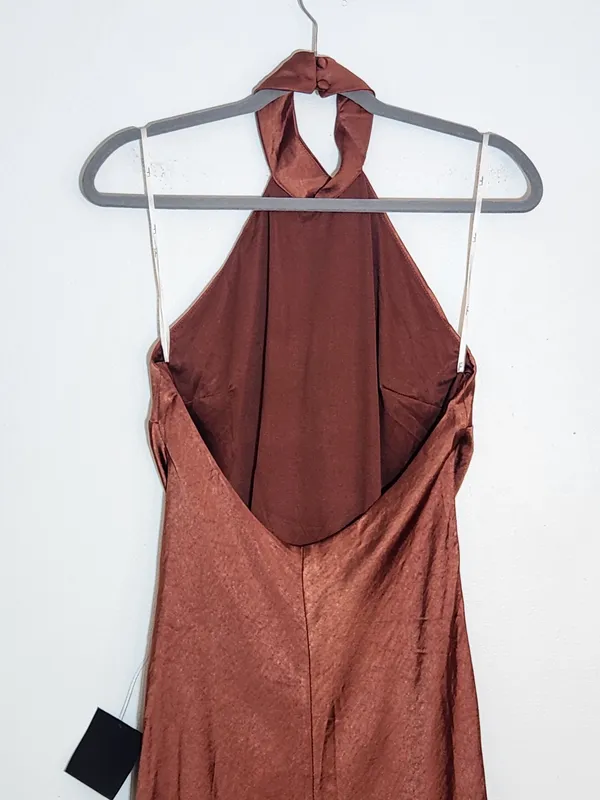 Lulus Brown Satin Halter Maxi Dress Size Small NWT Wedding Guest Dress - Image 7